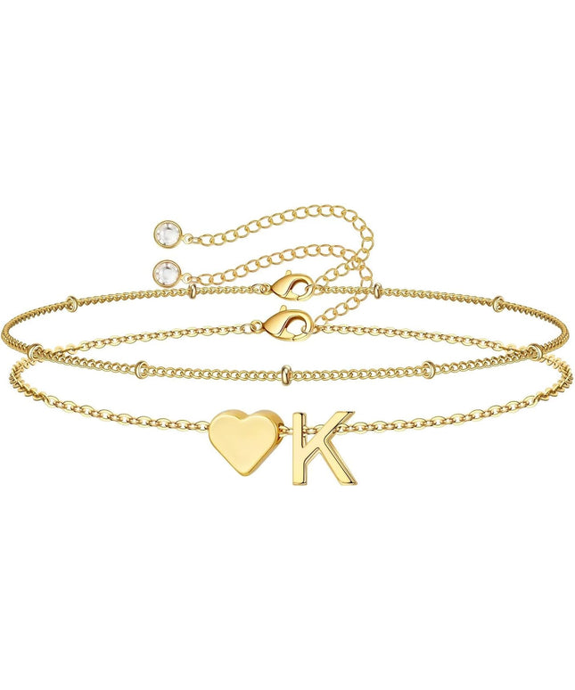 M MOOHAM Valentines Day Gifts for Kids Teen Girls -14K-Gold-Plated Heart Initial A-Z Bracelets for Women Girl Dainty Gold Bracelets Birthday Valentines Gifts for Women Her Teenage Girls Kid Teen Gift