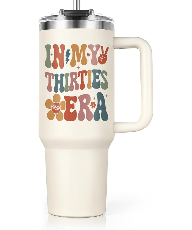 Shqiueos 30th Birthday Gifts for Women 40oz Tumbler with Handle and Straw Lid, 30 Year Old Gifts for Her, Best Friend, Sister, Daughter, 30s Birthday Decoration-In My Thirties Era Cup Water Bottle