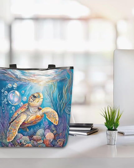 Pardick Canvas Tote Bags, Ocean Turtle Tote Bag Eco Friendly Reusable Grocery Shopping Bagsfor Beach, Books, Women with Zipper Inner Pocket