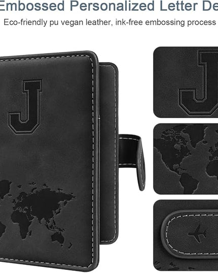 Passport Holder Wallet Cover Personalized Letter A-Z Travel Wallet RFID Blocking Passport Cover Wallet Case for Travel Passport Book Holders for Women and Men, Black-J