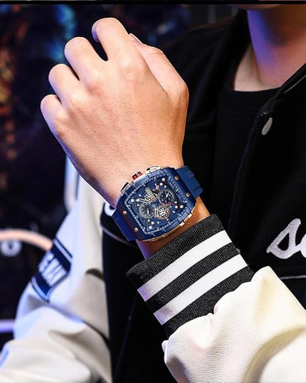 PASOY Luxury Chronograph Watches for Mens Rubber Strap Black Waterproof Date Analog Quartz Watch