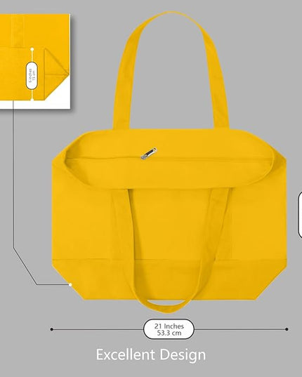 TOPDesign 1-Pack Canvas Tote Bags with an External Pocket, Reusable Grocery Shopping Bags, Top Zipper Closure, Daily Essentials (Yellow)