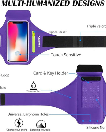 Cell Phone Running Armband with Airpods Zipper Pocket Armband Case Running Holder for iPhone 16/15/ 14/13 / 12 /11Pro Max,Galaxy S20 S10,Sweatproof Arm Band with Card/Key Bag
