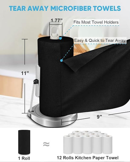AIDEA Microfiber Cleaning Cloth 330 Sheets 6 Roll, Black Microfiber Towels for Cars, Shop Rags Washable, Cleaning Rags Reusable Paper Towels for Automotive, Mechanic, Workshops, House, 11×9"