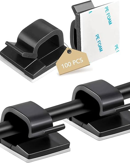 100PCS Adhesive Cable Clips, Wire Holder Organizer Cord Management, Cable Staples Outdoor Strong Cord Clips for Wall, Desk, Christmas Lights, String Lights, TV PC Ethernet Cable, Black Small