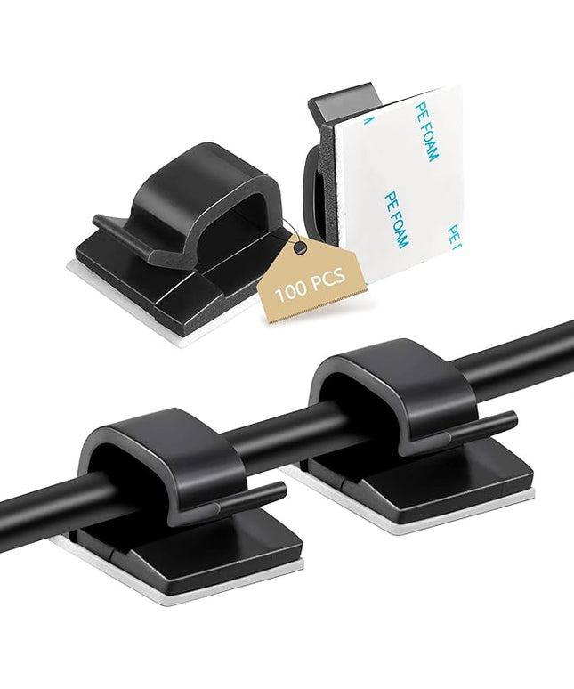 100PCS Adhesive Cable Clips, Wire Holder Organizer Cord Management, Cable Staples Outdoor Strong Cord Clips for Wall, Desk, Christmas Lights, String Lights, TV PC Ethernet Cable, Black Small