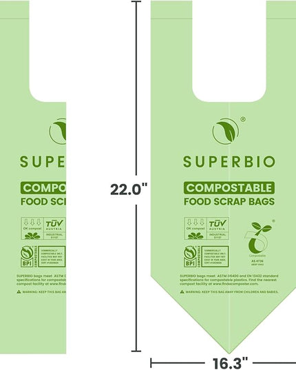SUPERBIO 2.6 Gallon Compostable Bags, 100 Count, 2 Pack, 9.84L, Handle Tie Food Waste Bags, BPI and OK compost INDUSTRIAL Certified