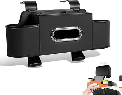 Car Organizer, 3-in-1 Backseat Car Organizer with Dual Cup Holders, Tissue Box & Phone Holder - Multifunctional Waterproof Storage for Daily Driving & Travel (Black)