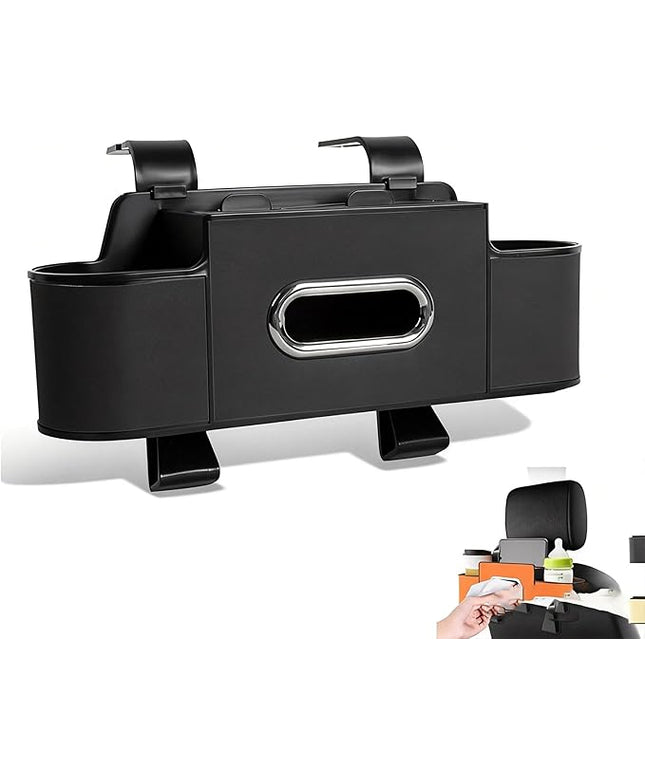 Car Organizer, 3-in-1 Backseat Car Organizer with Dual Cup Holders, Tissue Box & Phone Holder - Multifunctional Waterproof Storage for Daily Driving & Travel (Black)