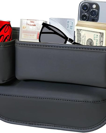 Car Seat Gap Filler Organizer with Cup Holders, Seat Gap Storage Box for Drinks, Phones, Keys, Sunglasses, Cards, and Small Essentials (Black, Driver's Seat)