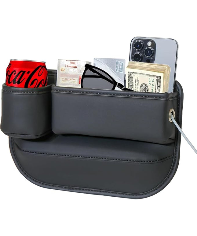 Car Seat Gap Filler Organizer with Cup Holders, Seat Gap Storage Box for Drinks, Phones, Keys, Sunglasses, Cards, and Small Essentials (Black, Driver's Seat)