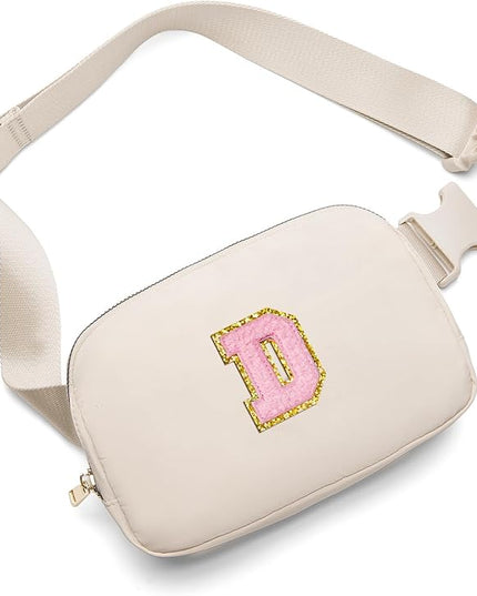 Gitus Belt Bag Fanny Pack Crossbody Bags with Initial Letter Patch Cute Stuff Birthday Gifts for Teenager Girls Trendy Preppy Stuff for Teen Girls(Beige-D)