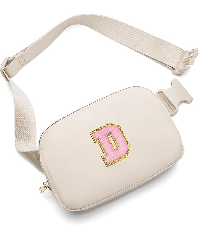 Gitus Belt Bag Fanny Pack Crossbody Bags with Initial Letter Patch Cute Stuff Birthday Gifts for Teenager Girls Trendy Preppy Stuff for Teen Girls(Beige-D)