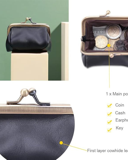 Plinvo Mini Genuine Leather Coin Purse for Women Vintage Kiss Lock Change Organizer Blue (Black)