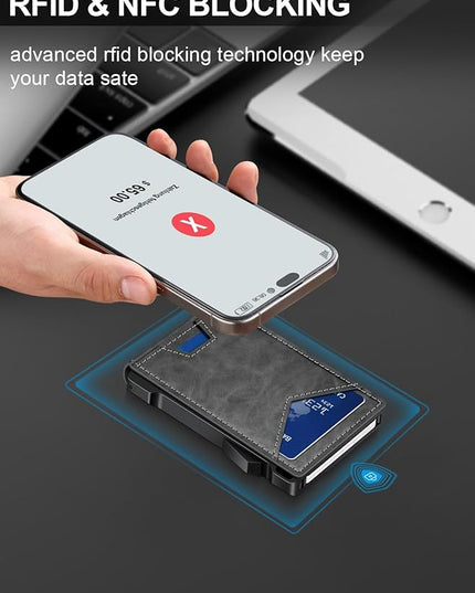 Wallet for Men RFID Wallet with 2 ID Windows & Money Clip, Slim Pop Up Card Holder for 10-12 Cards, Bifold Minimalist Smart Wallet for Front Pocket, Compact Metal Credit Card Holder, Gifts for Men