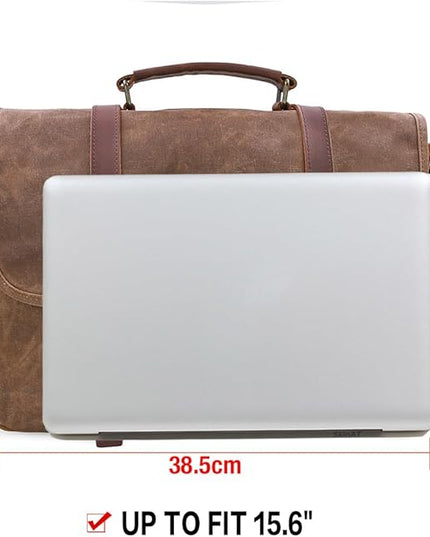 Mens Messenger Bag 15.6 Inch Waterproof Vintage Genuine Leather Waxed Canvas Briefcase Large Leather Computer Laptop Bag Rugged Satchel Shoulder Bag, Brown