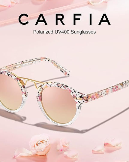 CARFIA Small Face Acetate Polarized Sunglasses for Women UV Protection, Retro Double Bridge Eyewears Metal Brow Round Sunnies