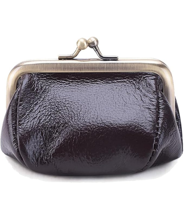 Plinvo Mini Genuine Leather Coin Purse for Women Vintage Kiss Lock Change Organizer Blue (Coffee)