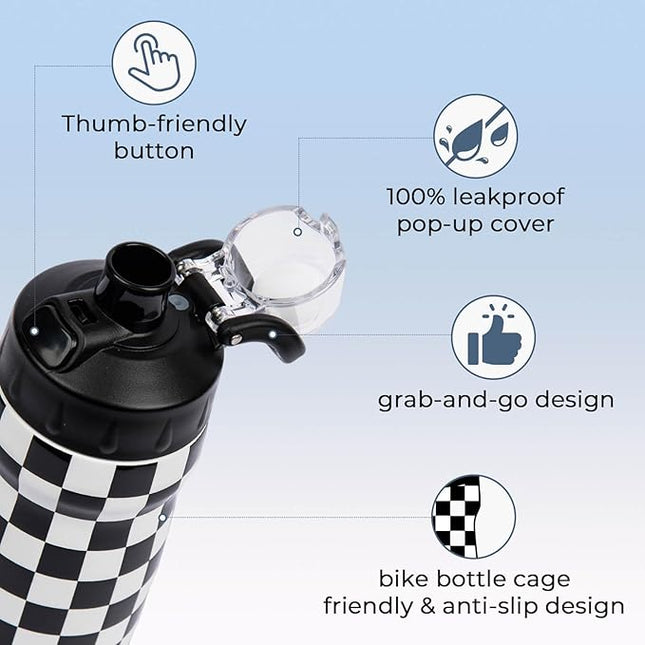 Magnetic Water Bottle with Straw 18 oz - Stainless Steel Insulated Tumbler for Gym & Bike (Fits Holders) - Leak Proof Pop-Up Lid, 2-in-1 Sip or Chug, Handle & Cute Black Checkered Print