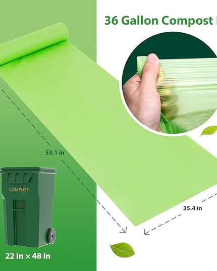 GreFusion Compostable 36 gallon Trash Bags, Extra Thick 1.28 Mills, Compost 36 Gal Trash Bags (Kitchen Tall Garbage Bags), Compostable Lawn & Leaf Yard Waste bags,ASTM D6400,Bpi Certified