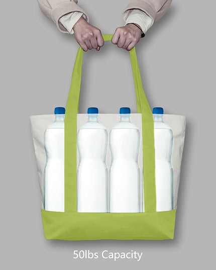 TOPDesign 3-Pack Canvas Tote Bags with an External Pocket, Reusable Grocery Shopping Bags, Top Zipper Closure, Daily Essentials (Light Green/Natural)