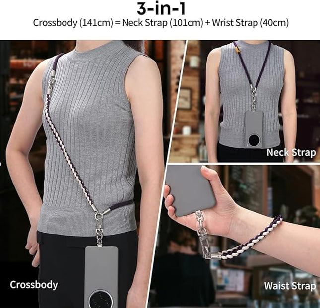 Besnfoto Phone Lanyard Crossbody Phone Strap 3-IN-1 Neck and Wrist strap for Cell Phone 360°Universal Metal Buckles and Tabs