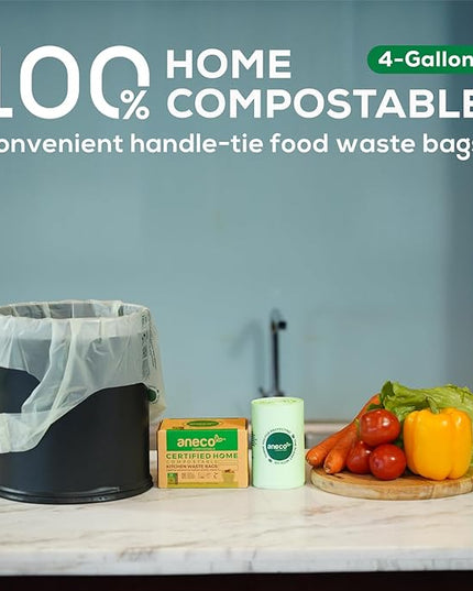ANECO 4 Gallon Compostable Food Waste Bags with Handles, Extra Thick Compost Bags for Medium Kitchen Garbage/Bathroom Bin, OK Compost HOME & BPI Certified Compostable Bags