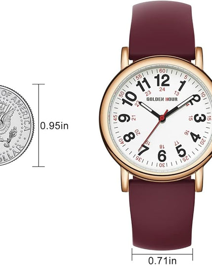 GOLDEN HOUR Waterproof Nurse Watch for Medical Professionals, Students Women Men - Military Time Luminouse Easy Read Dial, 24 Hour with Second Hand, Colorful Silicone Band