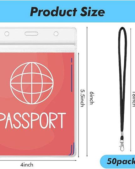 Patelai 50 Pcs 4 x 5.5 Inch Clear Passport Holders with Lanyard Extra Large PVC Card Holder Waterproof Name Badge Holder for Cruise Vacation Credit Card Plane Ticket Receipt (Black)