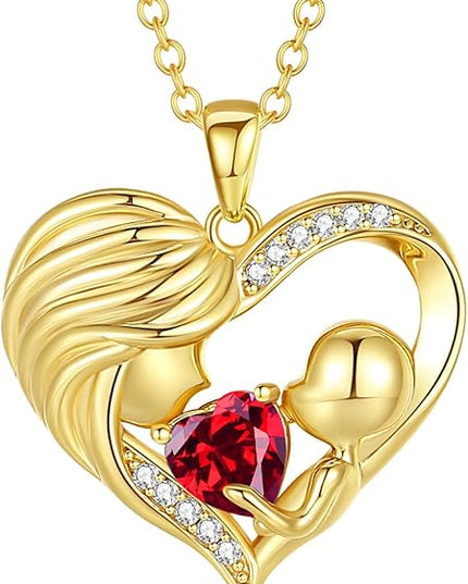 FANCIME Mom Birthstone Necklace Mother and Child Love Heart Necklace I Love You Mom Gifts Mothers Day Birthstone Jewelry Gifts for Grandmother Women Wife, 16"+2" Inches