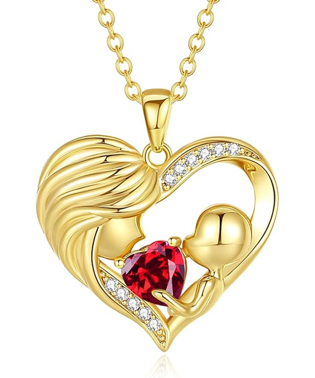 FANCIME Mom Birthstone Necklace Mother and Child Love Heart Necklace I Love You Mom Gifts Mothers Day Birthstone Jewelry Gifts for Grandmother Women Wife, 16"+2" Inches