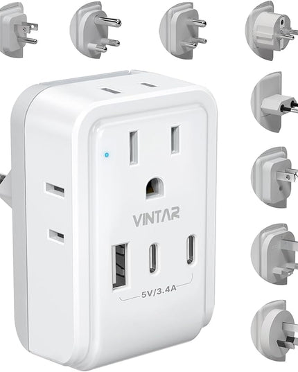 VINTAR Universal Travel Adapter Kit, International Power Adapter with 4 AC and 3 USB Ports(2 USB C), Type A,B,C,D,E/F,G,I,M Detachable Attachments, Travel Adapter Worldwide for India/Africa/Europe/UK