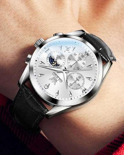 OLEVS Men's Watches Leather Strap Analog Quartz Watch, Fashion Big Dial Date Waterproof Watch, Dress Luxury Luminous Men Watches