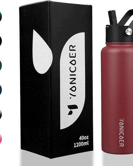 Insulated Water Bottle 40oz,Triple Wall Vacuum Stainless Steel(Dishwasher Safe),Leak Proof & Non-BPA,Flask Jug with Paracord Handle & Straw Spout Lids Sports Red