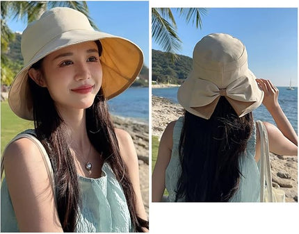 Womens Wide Brim Sun Hats UPF50+ UV Packable Beach Hat Summer Bow Decoration Bucket Cap for Travel