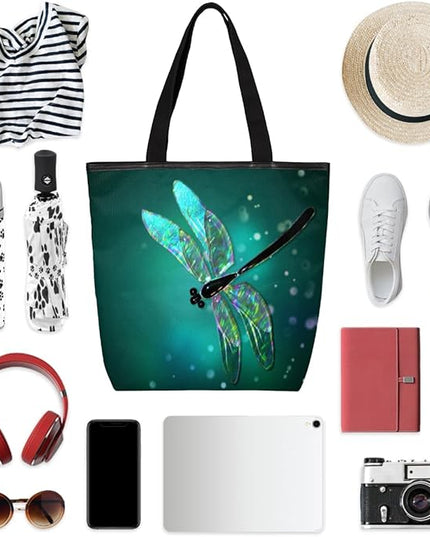Dragonfly Cute Canvas Tote Bags, Eco Friendly Reusable Grocery Shopping Bags for Beach, Books, Women & Girls With Zipper Inner Pocket