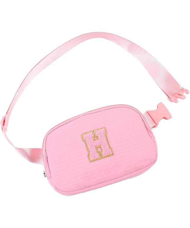 Glratn Initial Letter Fanny Pack for Girls,Patch Belt Bag,Toddler Crossbody Bags，Gifts for 3 4 5 6 7 8 9 10 11 12 Year Old Teens Kids,Christmas Graduation Gifts for Teen Girls.(Pink-H)