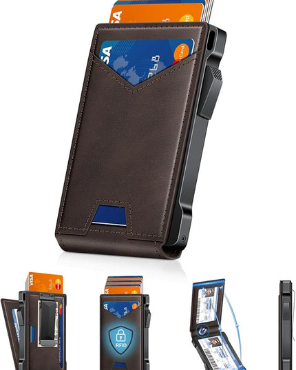 Wallet for Men RFID Wallet with 2 ID Windows & Money Clip, Slim Pop Up Card Holder for 10-12 Cards, Bifold Minimalist Smart Wallet for Front Pocket, Compact Metal Credit Card Holder, Gifts for Men