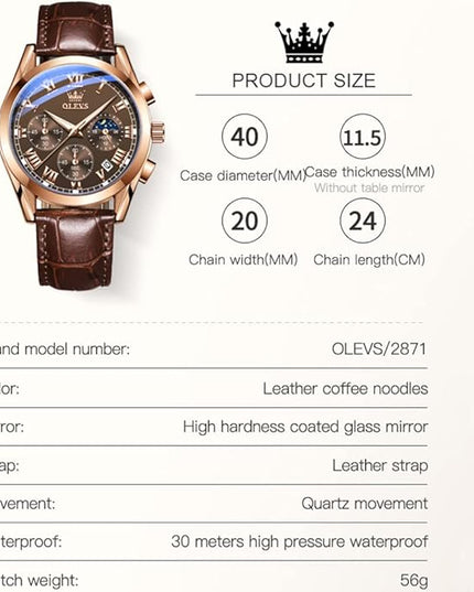 OLEVS Men's Watches Leather Strap Analog Quartz Watch, Fashion Big Dial Date Waterproof Watch, Dress Luxury Luminous Men Watches