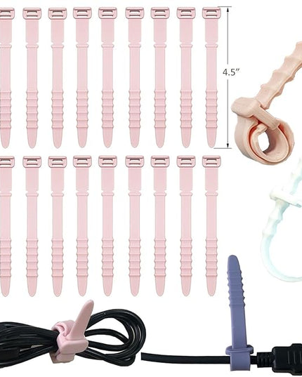 Reusable Silicone Zip Ties Cord Organizer: Silicone Cable Ties Straps for Cable Management - 20PCs 4.5” Pink Elastic Wire Cord Organizer for Home Office and Travel
