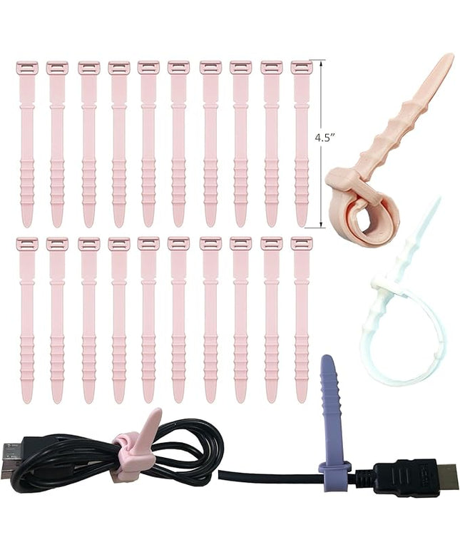 Reusable Silicone Zip Ties Cord Organizer: Silicone Cable Ties Straps for Cable Management - 20PCs 4.5” Pink Elastic Wire Cord Organizer for Home Office and Travel