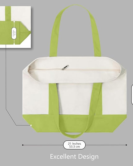 TOPDesign 3-Pack Canvas Tote Bags with an External Pocket, Reusable Grocery Shopping Bags, Top Zipper Closure, Daily Essentials (Light Green/Natural)