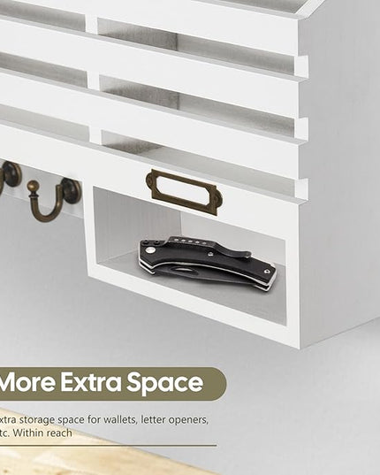 FifthQuarter Key Holder for Wall: Easy Mounted Key Rack and Mail Organizer with Store Shelf and Four Sturdy Keys Hooks Decor in Kitchen|Farmhouse|Entryway|Mudroom (White)
