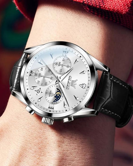 OLEVS Men's Watches Leather Strap Analog Quartz Watch, Fashion Big Dial Date Waterproof Watch, Dress Luxury Luminous Men Watches