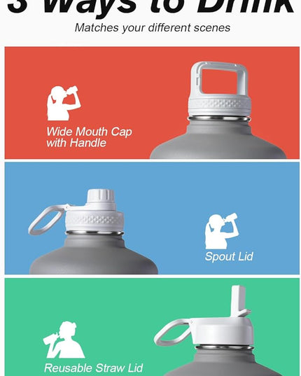 Coolflask 128 oz Gallon Water Bottle Insulated with Straw&3 Lids, Water Jug Large Stainless Steel Metal Vacuum Wide Mouth for Sports, Gym or Office, Non-BPA Keep Cold 48H Hot 24H, Dark Grey