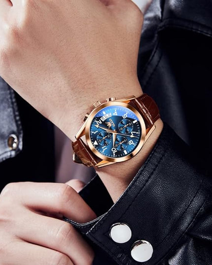 OLEVS Men's Watches Leather Strap Analog Quartz Watch, Fashion Big Dial Date Waterproof Watch, Dress Luxury Luminous Men Watches