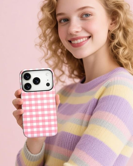 Magnetic for iPhone 17 Pro Max Case Cute Checkered Stripes Phone Case for Women Girls, Shockproof Slim TPU and Hard PC Protective Phone Cover Compatible with MagSafe Designed, Red