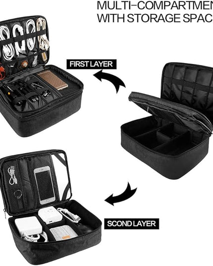 Travel Electronics Organizer, Waterproof Cable Organizer Bag for Electronic Accessories Double Layer Large Shockproof Cable Storage Bag for Cord, Power Bank, Tablet(Up to iPad 11 inch) - Black