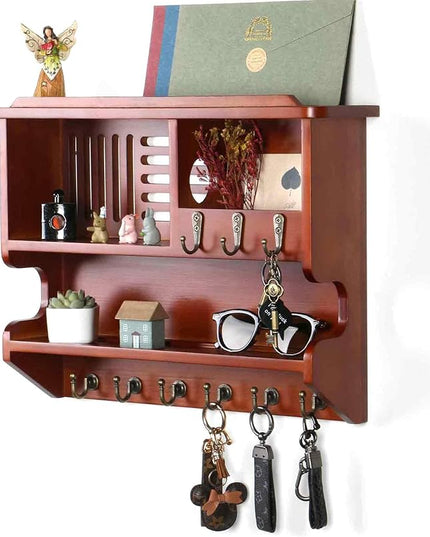 Mutsault Key Holder for Wall, Mail and Key Holder for Home Decor, Key and Mail Holder for Wall with Key Hooks, Auburn