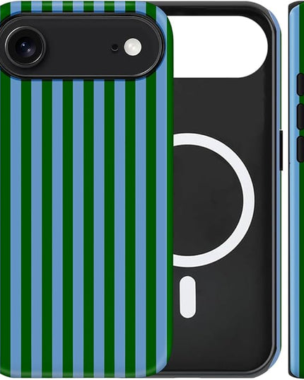 Magnetic for iPhone 17 Air Case Cute Stripes Phone Case, Shockproof Slim TPU and Hard PC Protective Phone Cover Compatible with MagSafe Designed for Women Girls, Green and Blue